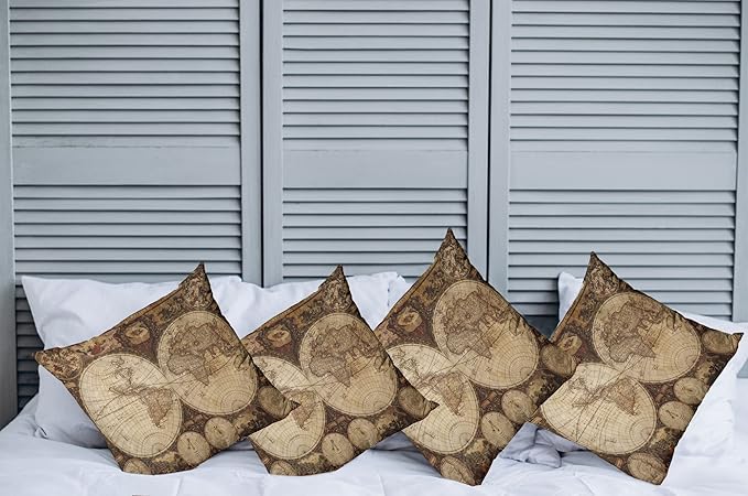 Ambesonne World Map Throw Pillow Cushion Case Pack of 4, Old World Map Drawn in 1720s Nostalgic Style Art Historical Atlas Vintage Design, Modern Accent Double-Sided Digital Printing, 18", Beige Brown