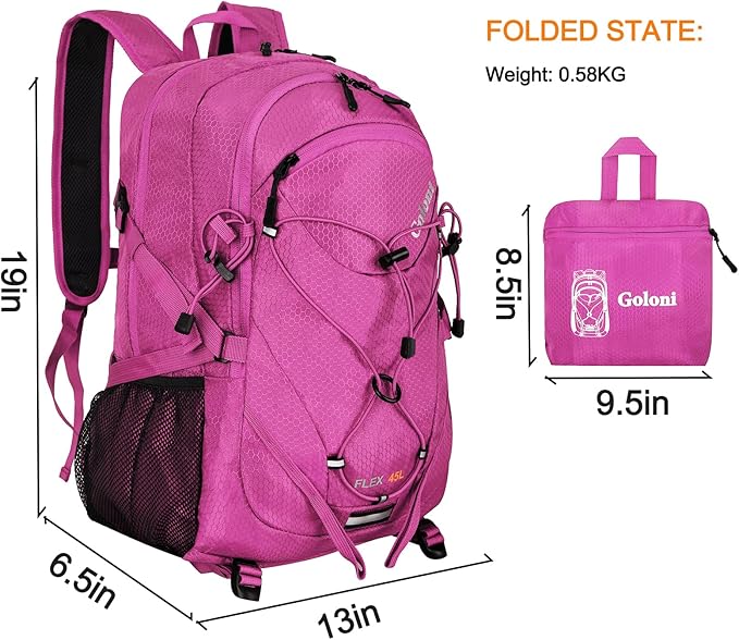 Goloni 45L Hiking Backpack Lightweight Foldable, Waterproof Camping Backpack with Rain Cover & Hiking Pole Mat Carrying System, Ergonomic Water Resistant Daypack for Trekking Travel Men Women Rose