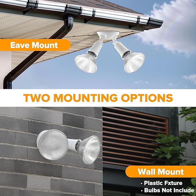 LUTEC 2 Pack Adjustable Twin Par Holder Outdoor Flood Lights, Switch Controlled Security Lights, Floodlights Fixture, Waterproof Exterior Max 300 Watt Par38 Flood Light for Garage, Yard, Porch-White