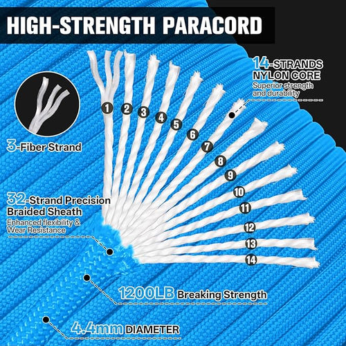 1200 Paracord Rope - 4.4mm 14 Strand Nylon Parachute Spool para Cord Lanyard for Outdoor Camping Survival Utility Tent Crafting DIY Projects Fishing Clothsline Bracelet - Blue 100FT