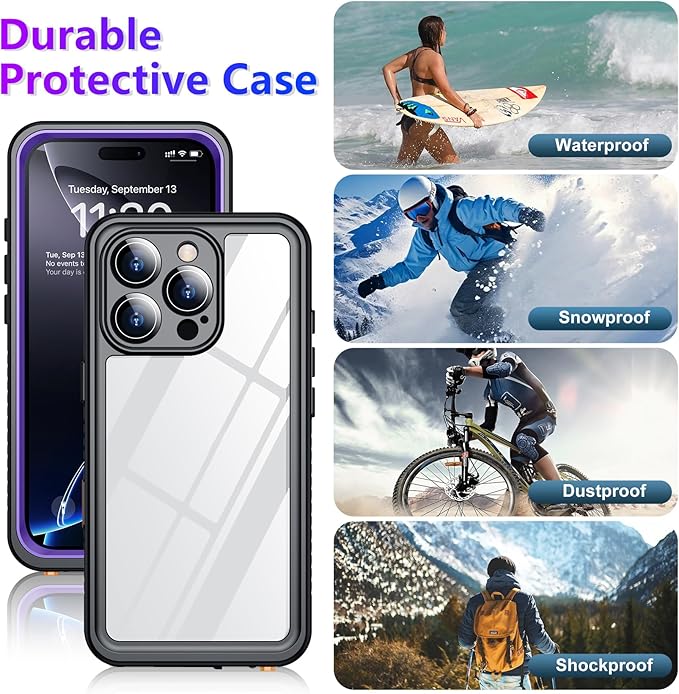 Temdan Compatible with iPhone 16 Pro Case Waterproof, Built-in Screen & Camera Protector IP68 Underwater Full Body 16FT Military Dropproof Shockproof Phone Case 6.3"-Purple/Clear