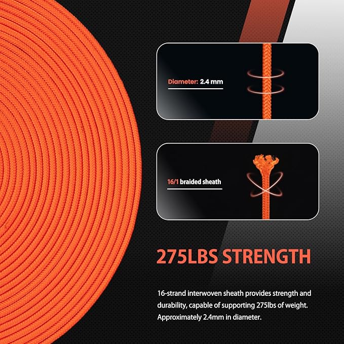 Abma Cord 2.4mm Paracord 275 100ft Nylon Rope 4 Strands Tactical Parachute Cord - Max. 275lbs - Orange