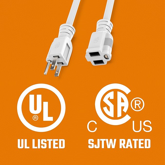 Heavy Duty Extension Cord/Wire Power Cable, Indoor/Outdoor, 16/3, Single Outlet, 15 Feet, UL Listed, White