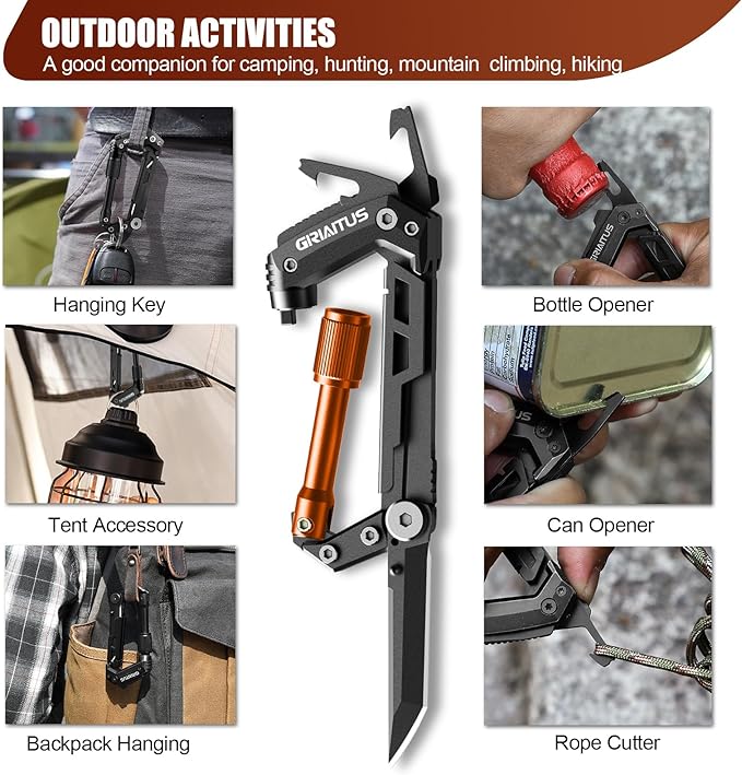 Carabiner Multitool with Pocket Knives, EDC Carabiners, Serrated Knife, Rope Cutter, Screwdriver, Can Bottle Opener, Ruler, Folding Knife for Camping Hiking, Multitool Survival Gear (Orange)