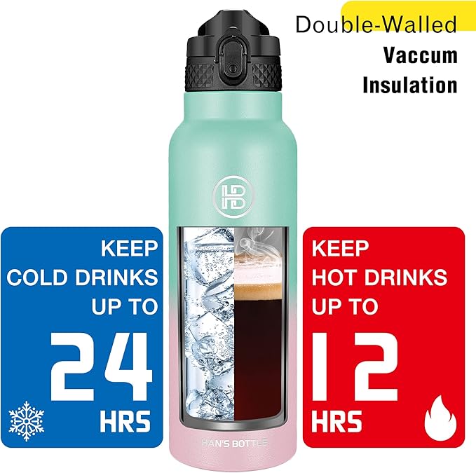 Han's Bottle Sports Water Bottle - 24 Oz, Straw Lid, Leak Proof, Vacuum Insulated Stainless Steel, Double Walled, Thermo Mug,Bubble Gum