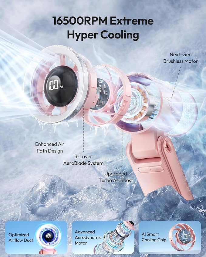 Gaiatop Portable Handheld Turbo Fan, 15 Hrs Cooling, 180° Foldable 4-in-1 Hand Held Fans, 6-Speed (1-100) Personal Mini Handheld Fans, Small Portable Fan for Travel, Working, Outdoor Women Gifts, Pink