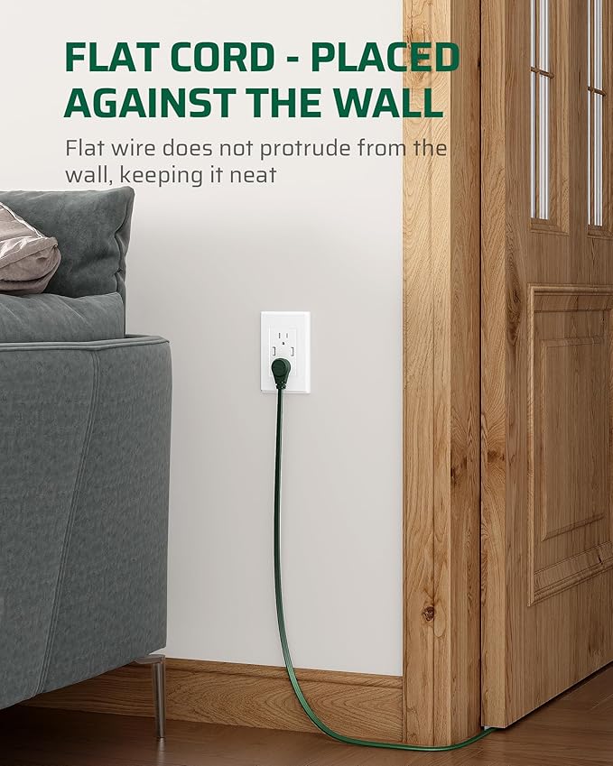 DEWENWILS 3 Outlet Flat Extension Cord Plug Christmas, 3FT 16/3 Awg Grounded Power Cable for Indoor Use, SPT-3 Cord, Green, ETL Listed, 2 Pack