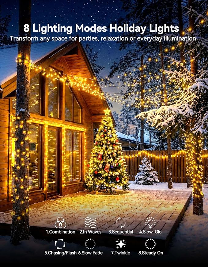 LitHome 164FT 500 LED String Lights Outdoor Indoor, 8 Modes Waterproof Christmas String Lights with Timer & Memory Function, Outdoor Christmas Lights Green Wire for Xmas Tree Party Garden, Warm White