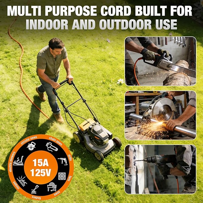Outdoor Extension Cord 10 FT Waterproof, 12/3 Gauge Heavy Duty 3 Prong Power Cord with Lighted Indicator End, 15A 125V 1875W SJTW, ETL Listed, Great for Lawn/Garden/Home(Orange)