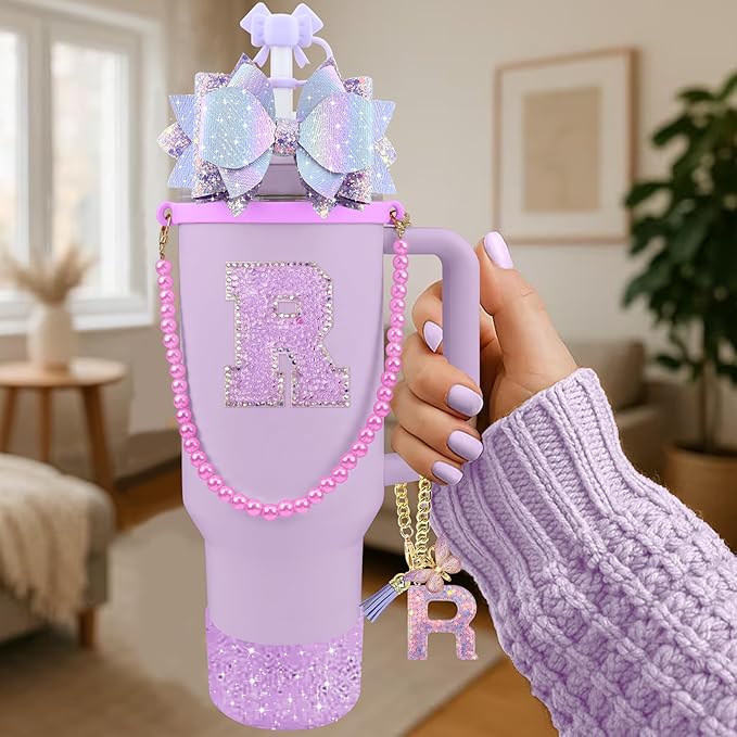 9PCS Purple for Stanley Cup Accessories Set Bling Initials Bow Charms for Stanley Decorations 30/40 Oz Tumbler Accessories Including Bow Straw Topper, Handle Strap, Spill Stopper（Letter R）