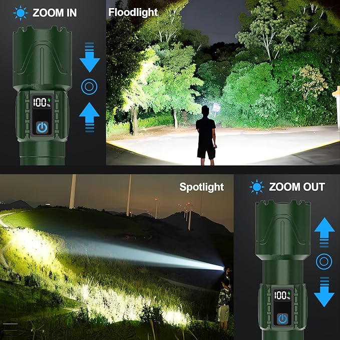 Rechargeable Tactical Flashlights 2000 High Lumens - 5000mAh Super Bright LED Powerful Flash Light, Waterproof Handheld USB C Flashlight for Home,Car,Camping,Emergencies,5 Modes,Zoomable (2, Green)