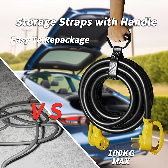 PlugSaf NEMA 14-50P/14-50R 10 FT 50 Amp RV/EV Extension Cord Outdoor with Grip Handle, 4 Prong Flexible Heavy Duty STW RV Power Cord Waterproof, 50A 125/250V 6250/12500W, Black-Yellow, ETL Listed