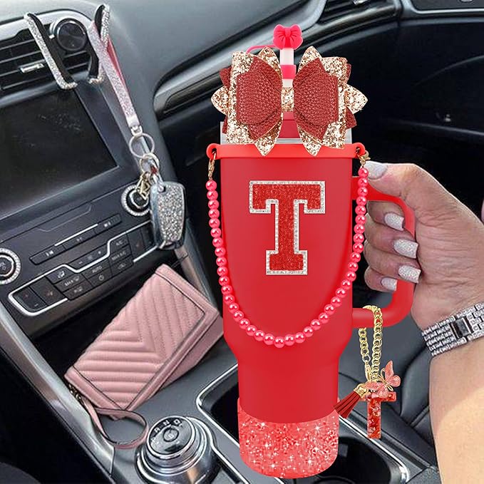 9PCS Red for Stanley Cup Accessories Set Bling Initials Bow Charms for Stanley Decorations 30/40 Oz Tumbler Accessories Including Bow Straw Topper, Handle Strap, Spill Stopper（Letter T）