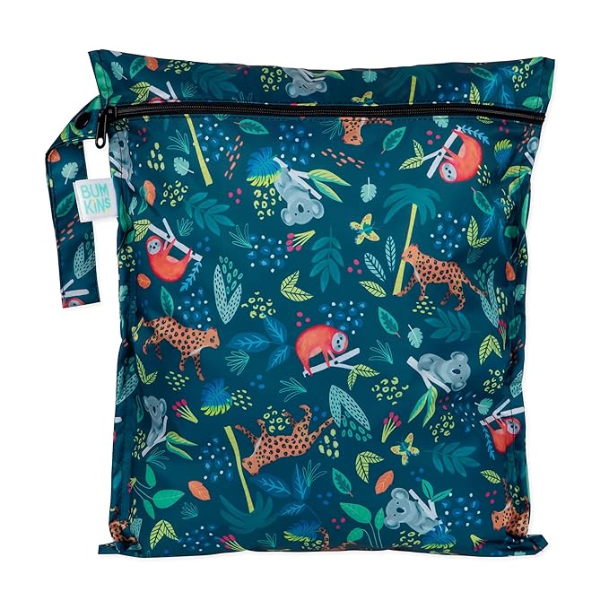 Bumkins Waterproof Wet Bag for Baby, Travel, Swim Suit, Cloth Diapers, Pump Parts, Pool, Beach, Gym Clothes, Toiletry, Hook to Stroller, Daycare, Zipper Reusable Wetdry Packing Pouch, Jungle