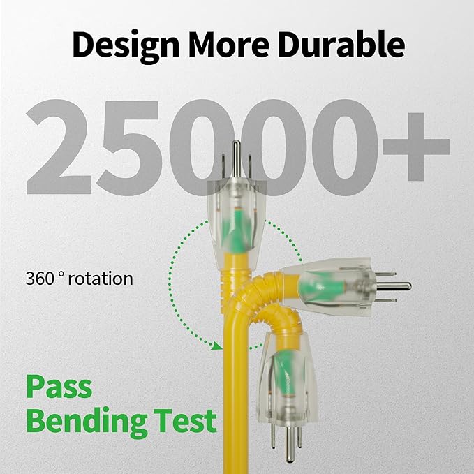 POWGRN 200 Ft 10AWG Outdoor Extension Cord Waterproof Heavy Duty 10 Gauge 3 Prong, Flexible Cold-Resistant Long Power Cord Outside with Lighted Indicator End, 15Amp 1875W SJTW Yellow ETL Listed