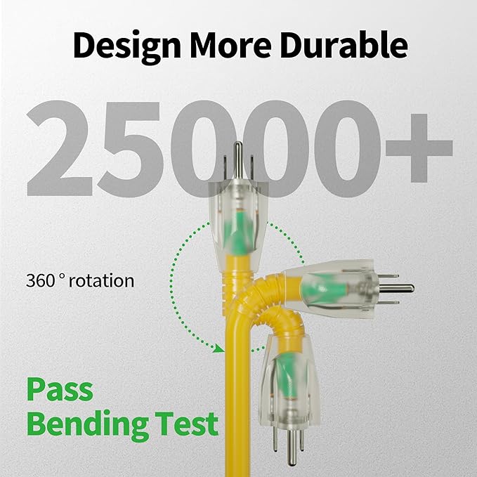 POWGRN 15 Ft 10AWG Outdoor Extension Cord Waterproof Heavy Duty 10 Gauge 3 Prong, Flexible Cold-Resistant Power Cord Indoor & Outside with Lighted Indicator End, 15Amp 1875W SJTW Yellow ETL Listed