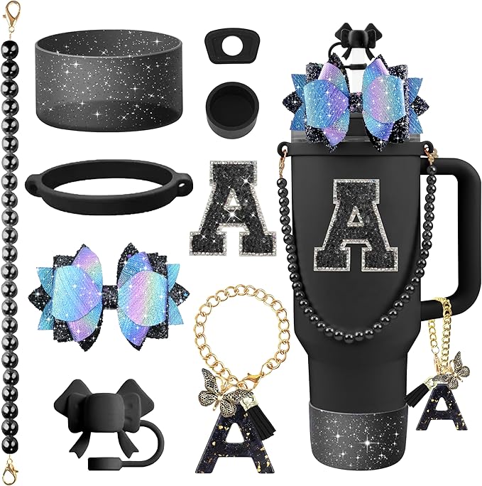 9PCS Black for Stanley Cup Accessories Set Bling Initials Bow Charms for Stanley Decorations 30/40 Oz Tumbler Accessories Including Bow Straw Topper, Handle Strap, Spill Stopper（Letter A）