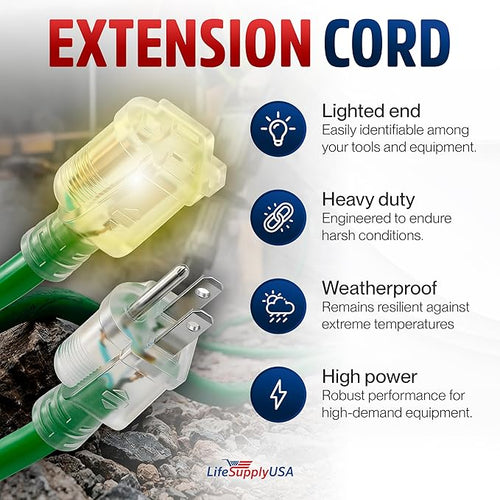 100ft Outdoor/Indoor Extension Cord 16/3 Gauge Heavy Duty 3 Prong SJTW, Waterproof, Flexible Cold-Resistant Long Power Cord,10A 125V 1250W, Green by LifeSupplyUSA