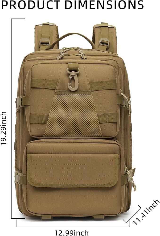 aiGear 50L Military Tactical Backpack 3 Days Assault Pack Large Day Backpack for Men Molle Army Bug Out Bag Waterproof Heavy Duty Hiking Trekking Rucksack - Khaki