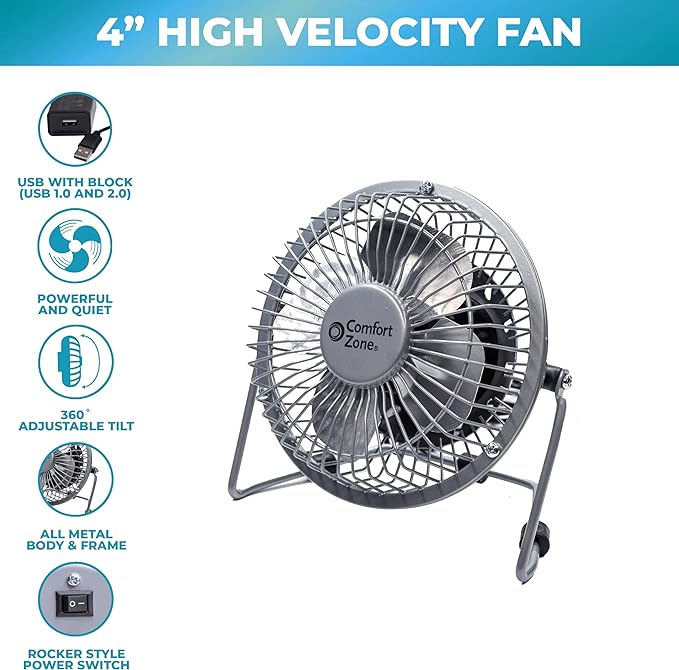 Comfort Zone 4-inch All-Metal Mini Desk Fan – High Velocity Portable USB Fan with 120V Wall Adapter, 360° Adjustable Tilt & Quiet Operation – Compact Electric Table Fan for Office, Home & Travel
