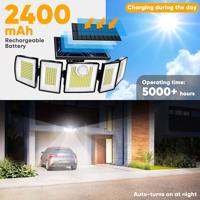 MDCMDCM Solar Lights Outdoor with Motion Sensor - 3000LM 416LED 3 Brightness 3 Modes, 2400mAh 5 Heads Security Lights, IP65 Waterproof Flood Lights with Remote for Patio（with Remote, 1）