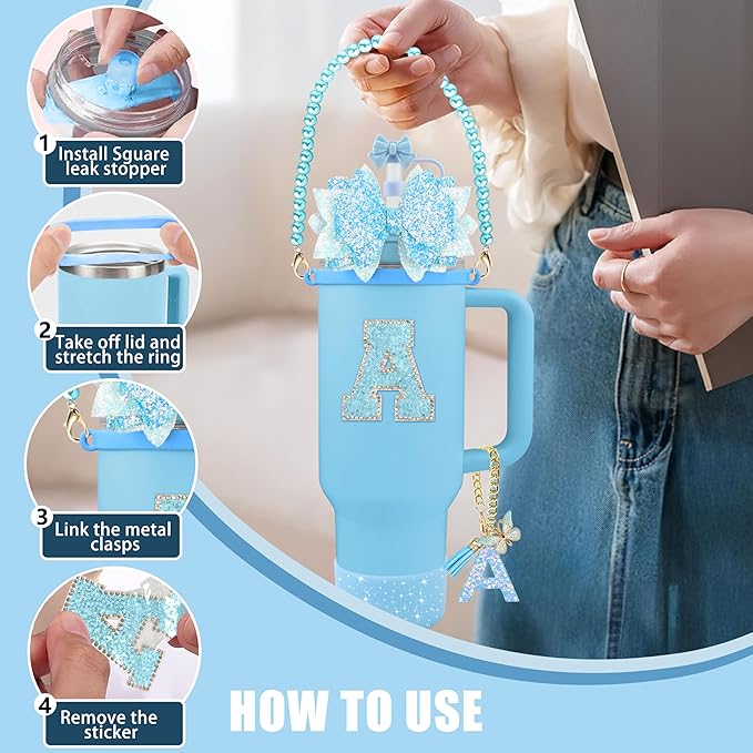 9PCS Blue for Stanley Cup Accessories Set Bling Initials Bow Charms for Stanley Decorations 30/40 Oz Tumbler Accessories Including Bow Straw Topper, Handle Strap, Spill Stopper（Letter A）