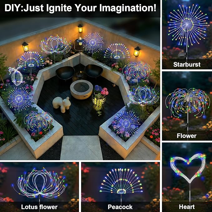 Solar Garden Lights Outdoor, 2 Pack 120 LED Twinkling Firework Lights Decorative with 2 Modes, Outdoor Waterproof Solar Starburst Light for Yard Pathway Planter Patio Decor, Multicolor