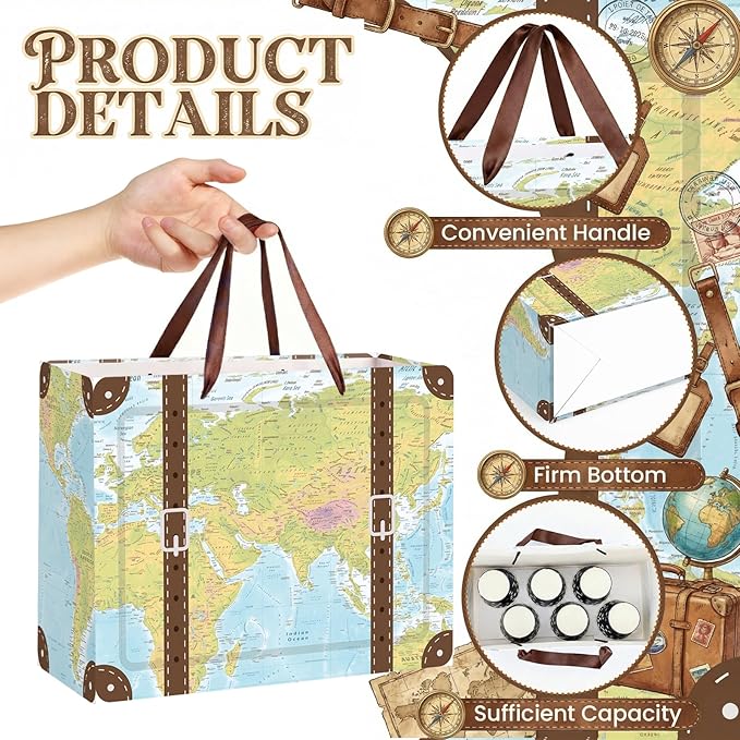 Vintage Suitcase Gift Bag Travel Birthday Wrapping Paper Bag with Card and Tissue Paper World Map Adventure Gift Wrap Bag for Birthday Retirement Graduation Wedding Bride Shower Farewell Party