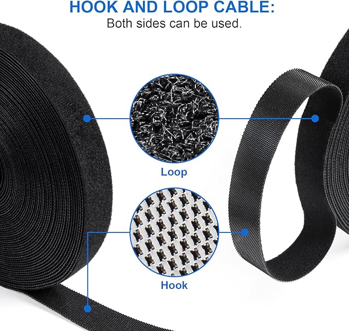 OneLeaf Fastening Cable Management Roll, 43ft x 3/4inch Cut to Length Straps, Reusable Multi-Purpose Cords Management, Double Sided Hook and Loop Cable Ties Roll (Black)