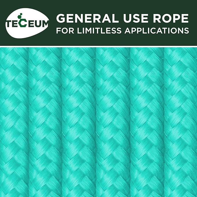 TECEUM Rope – 90 Feet x 3/8 Inch (10mm) – Green Wave – Strong All-Purpose Utility Rope – Camping, Crafting, Flag Pole, Indoor & Outdoor – Polypropylene Nylon Poly Lightweight Diamond Braided Cord