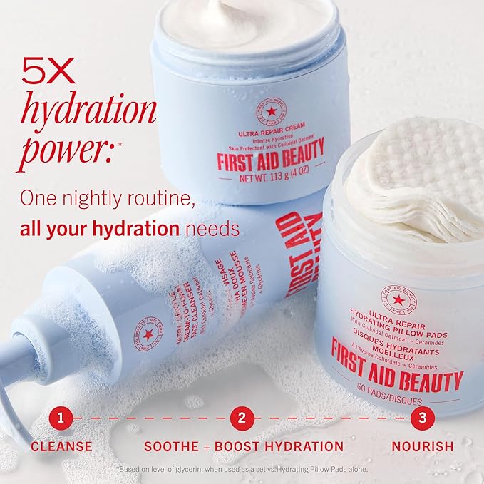 First Aid Beauty Dry Skin Rescue Kit - Hydrating Skincare Routine Set with Face Cleanser, Hydrating Facial Pads & Ultra Repair Cream Face Moisturizer