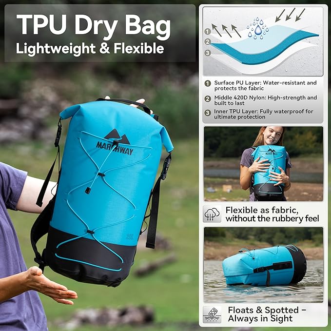MARCHWAY Floating Roll Top Dry Bag, Flexible Lightweight TPU Waterproof Backpack 20L/30L/40L with Padded Straps for Boating, Kayaking, Swimming, Hiking, Beach (Blue, 40L)