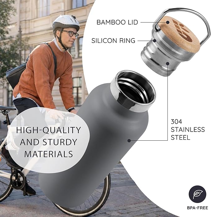 Bambaw 12 oz Stainless Steel Water Bottle, Insulated Water Bottle with Handle, Made of High-Grade Stainless Steel, Reusable & Rust-Resistant, For Hot & Cold Drinks (Stormy Gray)