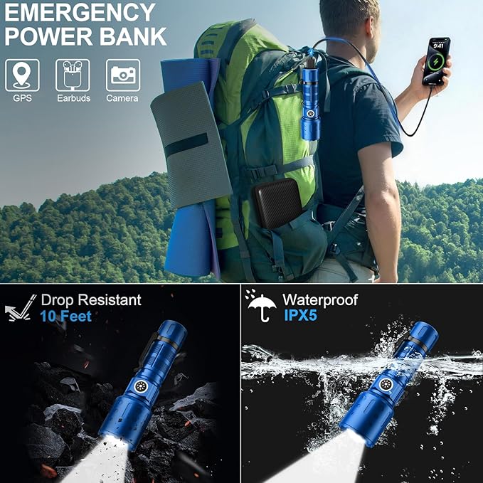 Banral Flashlights High Lumens Rechargeable, Super Bright Long Range Small Powerful Flashlight, 6 Modes LED Tactical Pocket Waterproof Flash Light for Home Emergency (1, Blue)