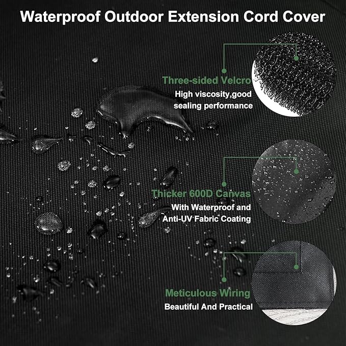 (Not Plastic) 3Pack Outdoor Extension Cord Safety Cover,10x5 Inch,600D Canvas Material Waterproof,Cord Connection Protector with Super-Sticky Hook & Loop,Outdoor Plug Cover Weatherproof for Outlet
