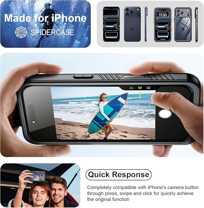SPIDERCASE for iPhone 17 Pro Case Waterproof, Built-in Lens & Screen Protector, Full Heavy Duty Protection, 12FT Military Shockproof, Dustproof, Anti-Scratched Phone Case,Black/Clear