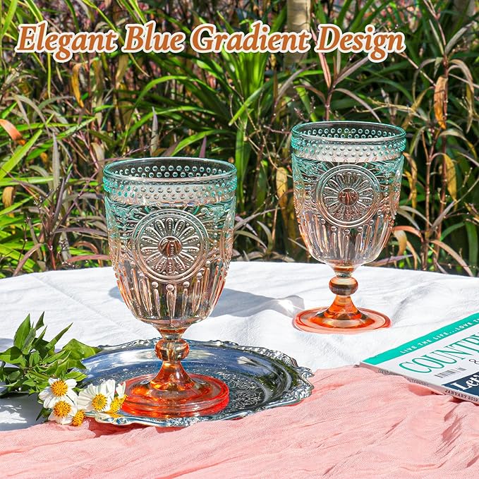 XUWAIDSGN 12Pcs Plastic Vintage Wine Glasses 13.5oz Reusable Embossed Goblet Glasses Green Orange Gradien Retro Wine Glassware Unbreakable Stemmed Champagne Water Cups for Cocktail Juice Wedding, bach