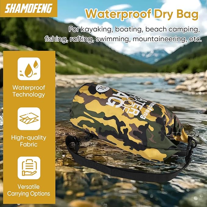 Waterproof Dry Bag 5L/10L/15L/20L/30L Roll Top Dry Storage Backpack with Phone Case, Collapsible Water Bottle, Sunglasses, Ear Band for Kayaking Boating Swimming Fishing Camping, Yellow 5L