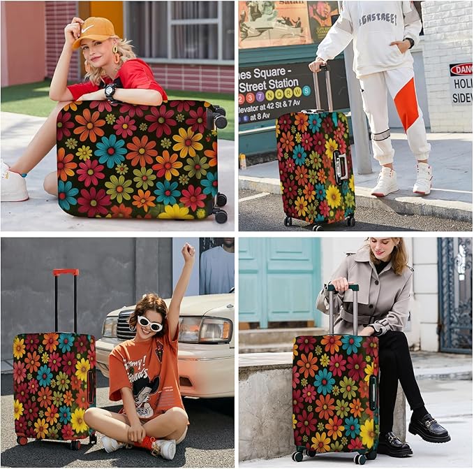 ANNA QUEEN Colorful Flower Luggage Cover, Retro Floral Suitcase Protector, Stretchable Washable Cover for 20-22 Inch Luggage