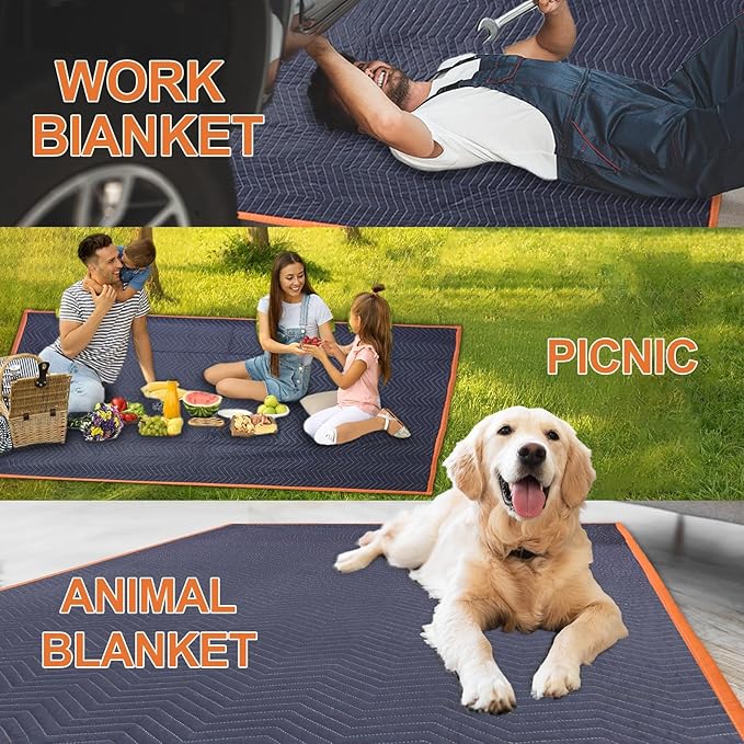 2 Moving Blankets 72x80in with 1 Elastic Rubber Band (196in Extendable to 400in) – Durable Quilted Moving Blanket-Heavy Duty Shipping Blankets (Total Weight 8.8 lbs,Black/Blue)