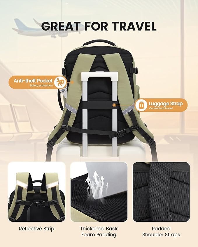 LOVEVOOK 40L Travel Backpack for Men Women, Waterproof Carry On Backpack for Work & Travel, Flight Approved Personal Item with 3 Packing Cubes, TSA Bag Fits 17.3" Laptop,Khaki