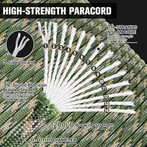 1200 Paracord Rope - 4.4mm 14 Strand Nylon Parachute Spool para Cord Lanyard for Outdoor Camping Survival Utility Tent Crafting DIY Projects Fishing Clothsline Bracelet - Camo Green 500FT