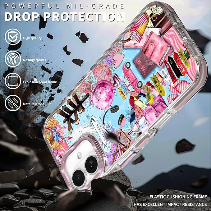 Case for iPhone 16 Plus,[Compatible with MagSafe],Cover Holiday Trip World Map Phone Case Design，for Women Girls Magnetic Clear Cover - Slim, Sleek, & Shockproof Protection