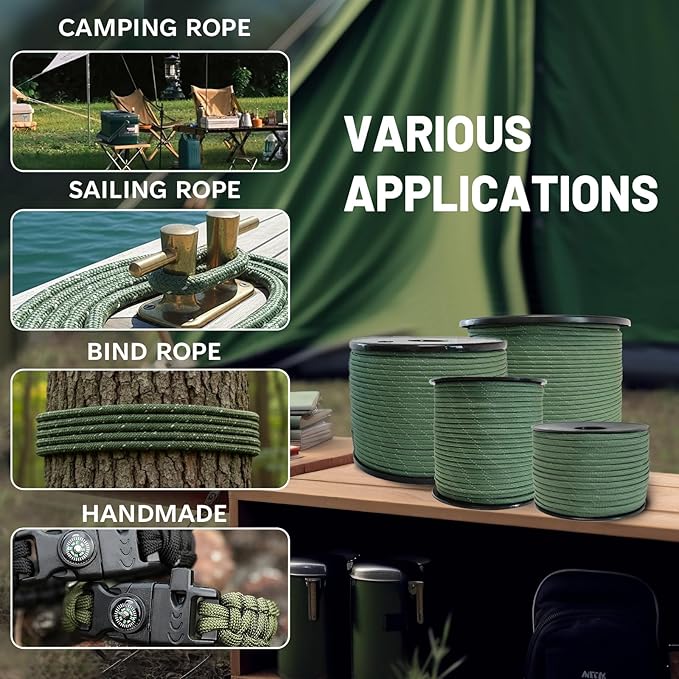 SDHUATUO Paracord Rope 100FT, 550lb Type III Nylon Parachute Cord 7-Strand Core with Reflective Strips, Utility String for Survival, Camping Gear, Hiking, DIY, Crafting, Outdoor, ArmyGreen