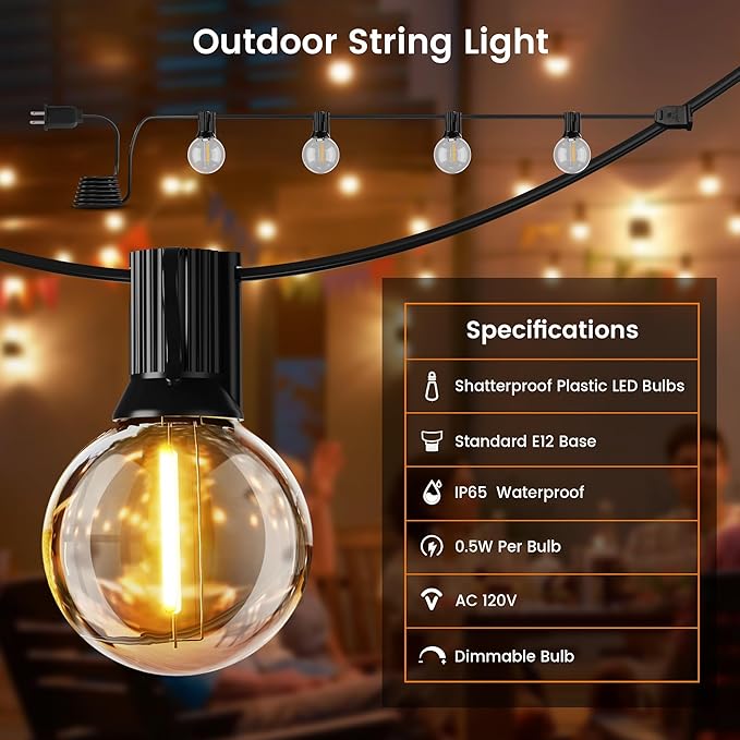 OHLUX Outdoor String Lights,110FT Dimmable Patio Lights with 58 Shatterproof 2200K LED G40 Bulbs(2 Spare),Waterproof Hanging Lights String for Outside Backyard Cafe Porch Deck Porch