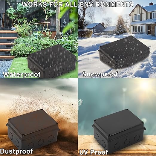 Junction Box, Reserved Holes Electrical Boxes Waterproof IP65 ABS Plastic Electrical Power Cord Enclosure Project Box Black 10 x 7.9 x 3.1 inch(255x200x80mm)