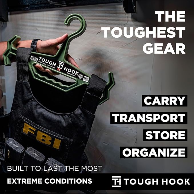 Tough Hook Original Multipurpose Heavy Duty Hanger, USA Made, Anti-Slip, 200 lb Capacity, Ideal for Tactical Gear, Body Armor, Scuba, Fitness Vests, 1 Black Plastic Piece