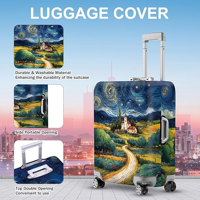 ANNA QUEEN Starry Night Landscape Luggage Cover, Artistic Oil Painting Style Suitcase Protector for 28-30 Inch Bags