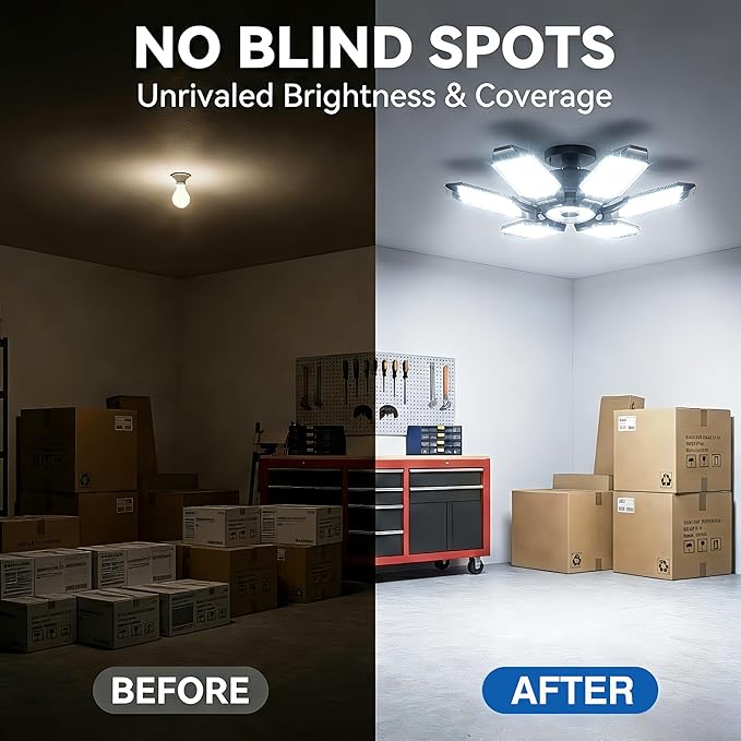 BRAINIAC 100W LED Garage Lights, 10000LM Super Bright Shop Lights with 6 Adjustable Panels, Deformable Garage Ceiling Light Bulb for Workshop, Barn, Basement, Warehouse 2 Pack