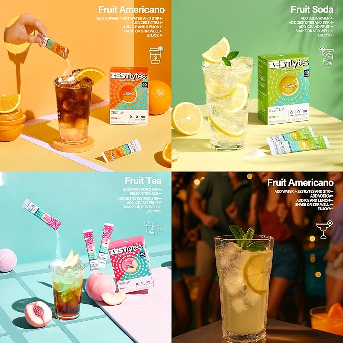 40 Sticks Sugar Free & 0 Calorie Electrolyte Hydration Packets, Low Sodium Lightly Sweet Electrolyte Powder Drink Mix, Liquid Daily IV Flavors | Lemon Orange Peach Grapefruit